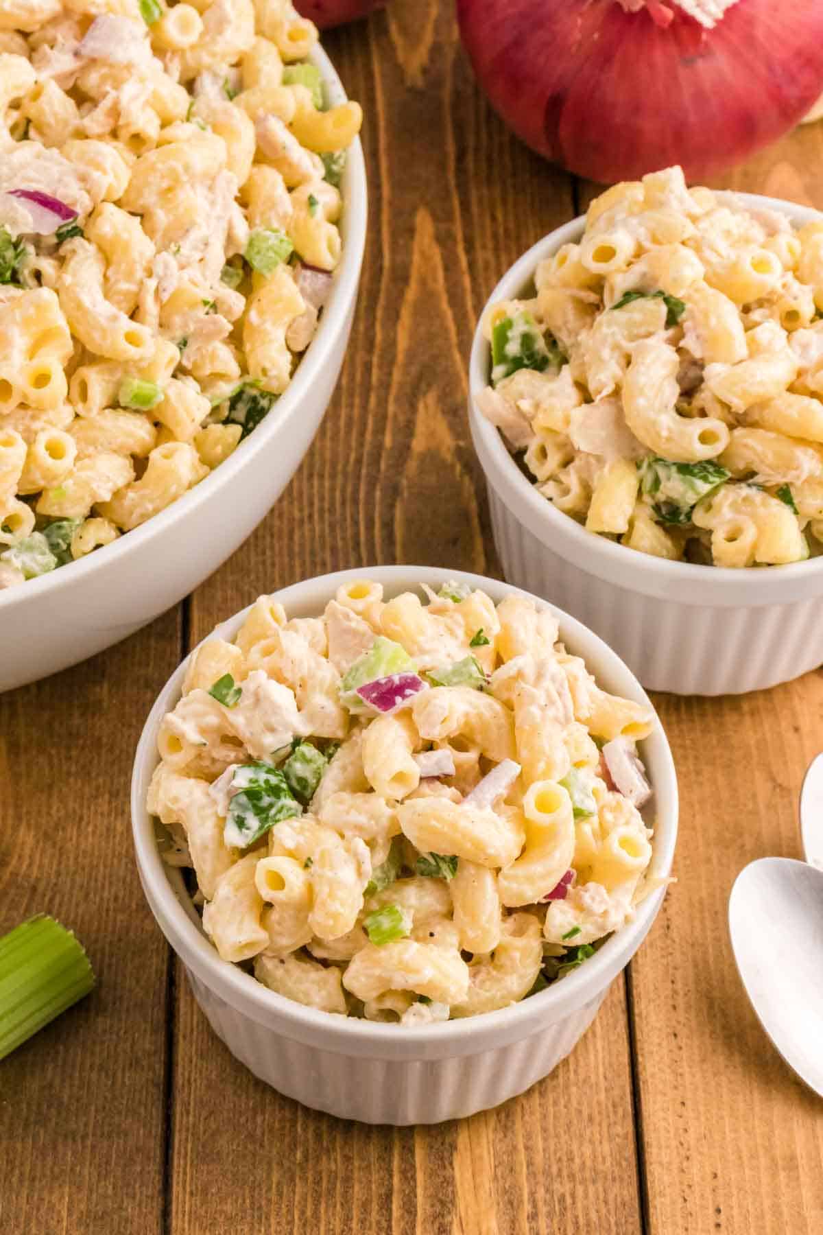 Tuna Macaroni Salad is a classic pasta salad recipe loaded with canned tuna, chopped celery, diced red onions and green peppers all tossed in a seasoned mayo dressing.