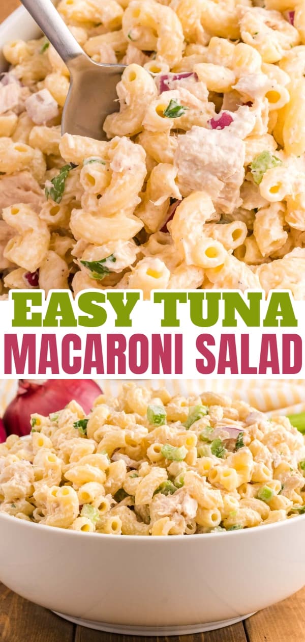 Tuna Macaroni Salad is a classic pasta salad recipe loaded with canned tuna, chopped celery, diced red onions and green peppers all tossed in a seasoned mayo dressing.