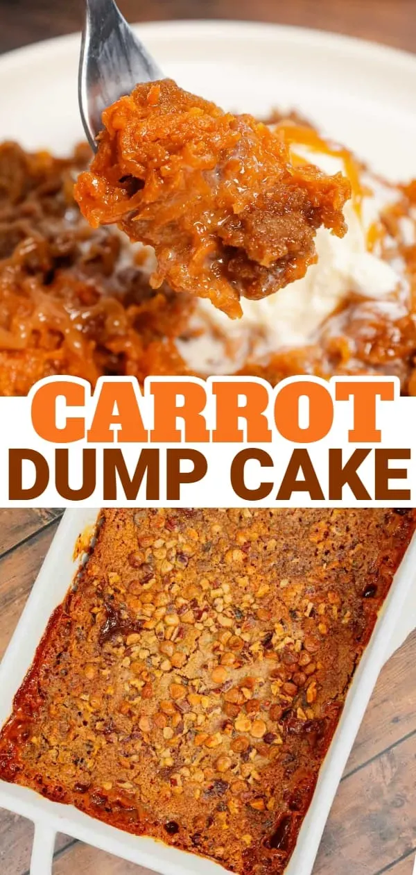 Carrot Dump Cake is an easy and decadent dessert recipe using freshly grated carrot, canned dulce de leche, store bought cream cheese frosting, boxed carrot cake mix, cream cheese flavoured baking chips, chopped pecans and melted butter.