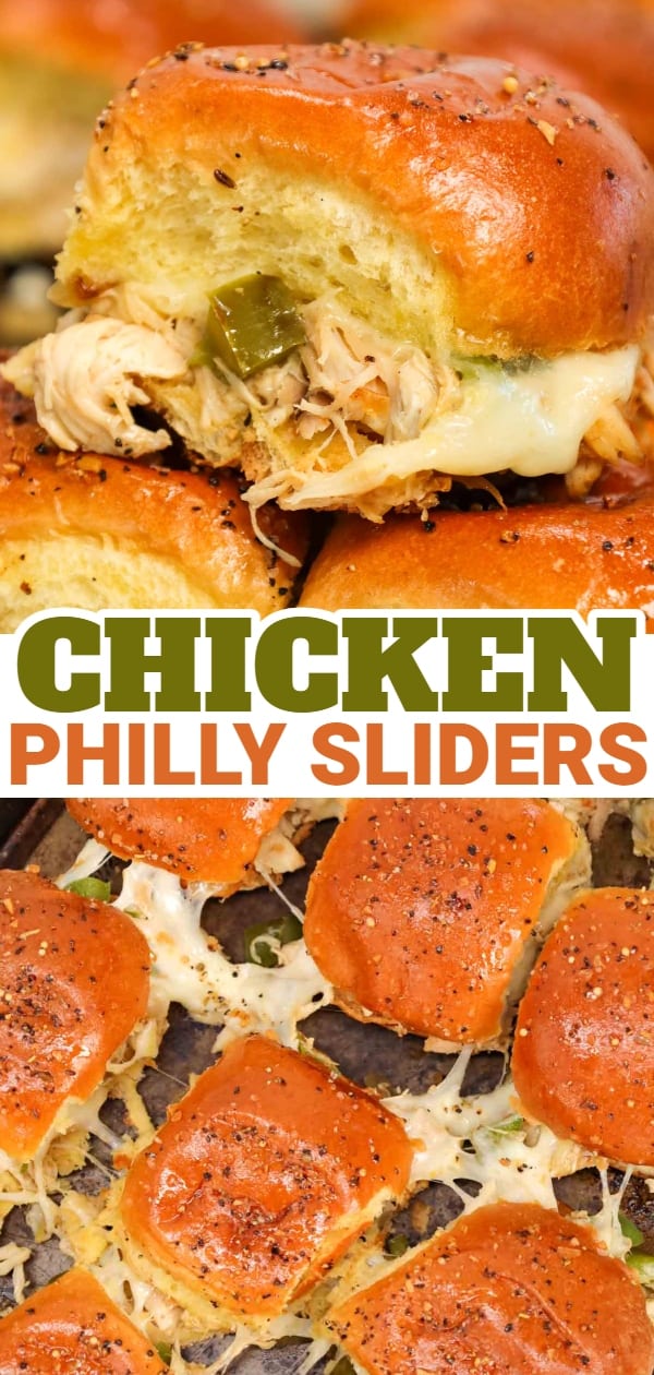 Chicken Philly Sliders are delicious mini sandwiches on brioche dinner rolls loaded with shredded chicken, green bell peppers, onions and Provolone cheese.