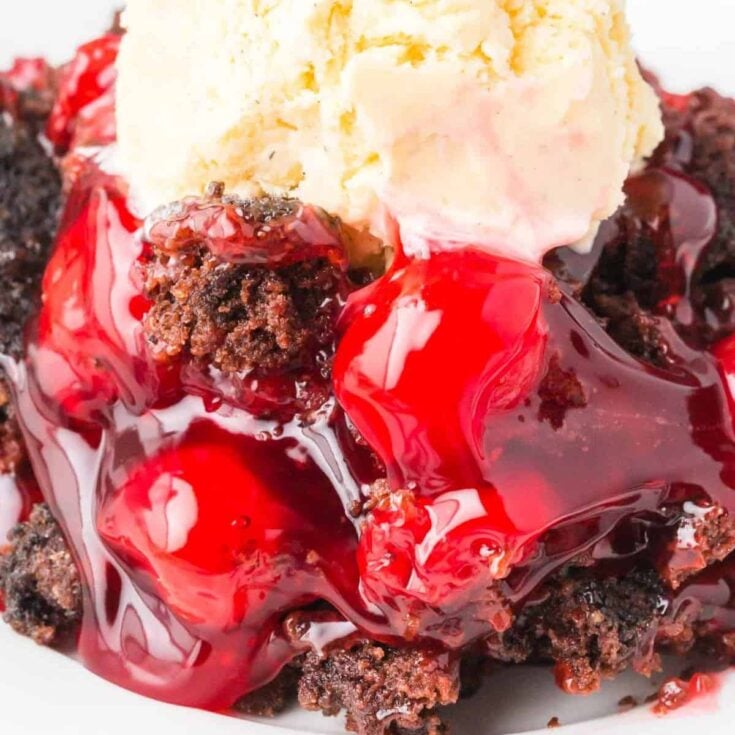 Chocolate Cherry Dump Cake is an easy dessert recipe made with cherry pie filling, Devils Food chocolate cake mix, butter and Oreo thins cookies.