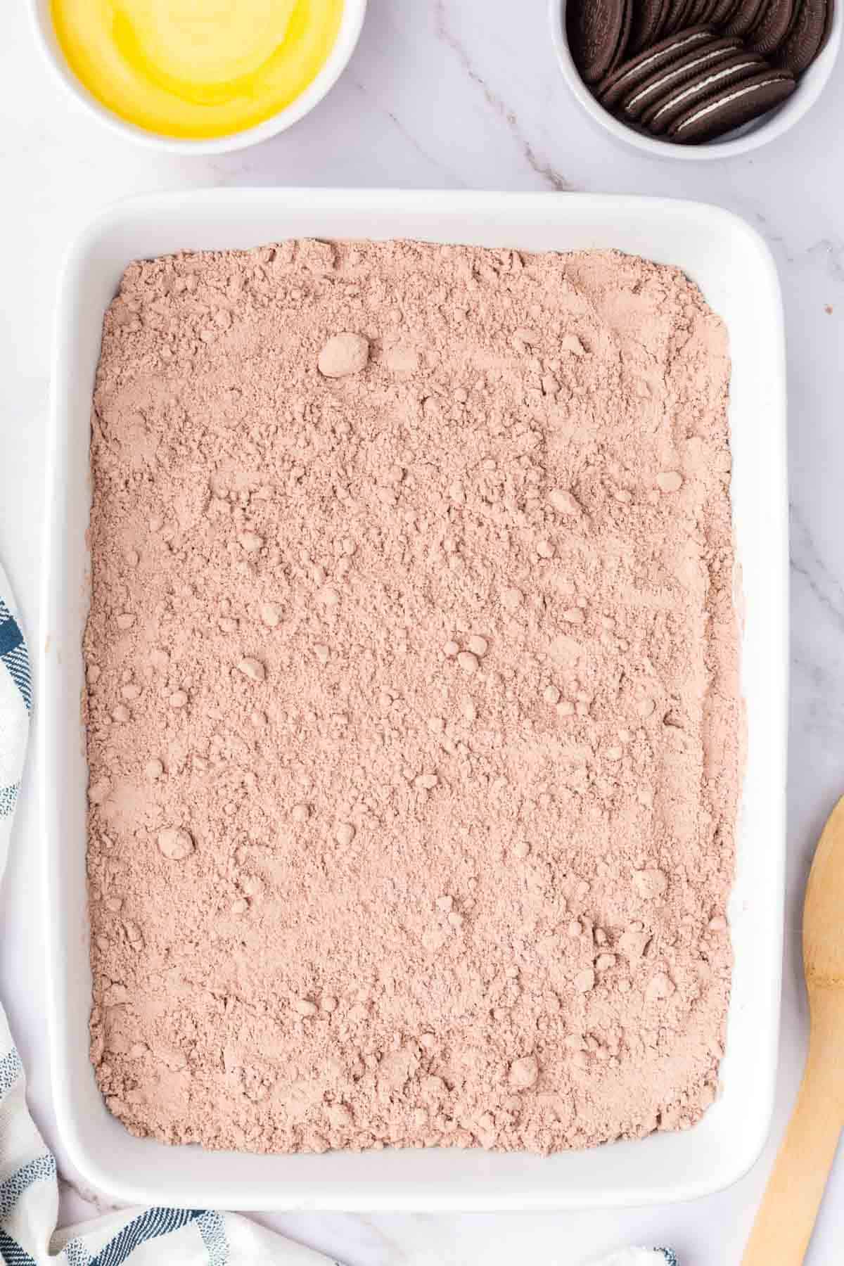 boxed chocolate cake mix in a baking dish