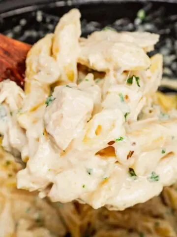 Crock Pot Garlic Parmesan Chicken Pasta is a creamy slow cooker pasta recipe loaded with cream cheese, garlic parmesan wing sauce, mozzarella, parmesan and shredded chicken breasts.