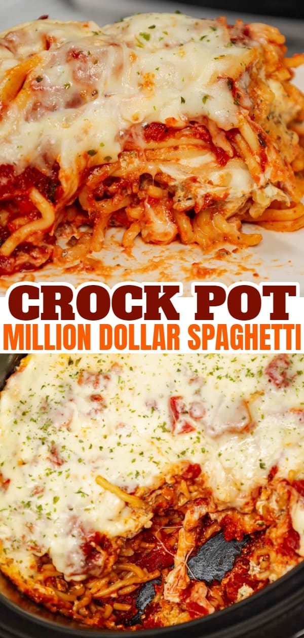 Crock Pot Million Dollar Spaghetti is a hearty slow cooker pasta recipe loaded with Italian sausage, marinara sauce, cream cheese, sour cream and mozzarella cheese.