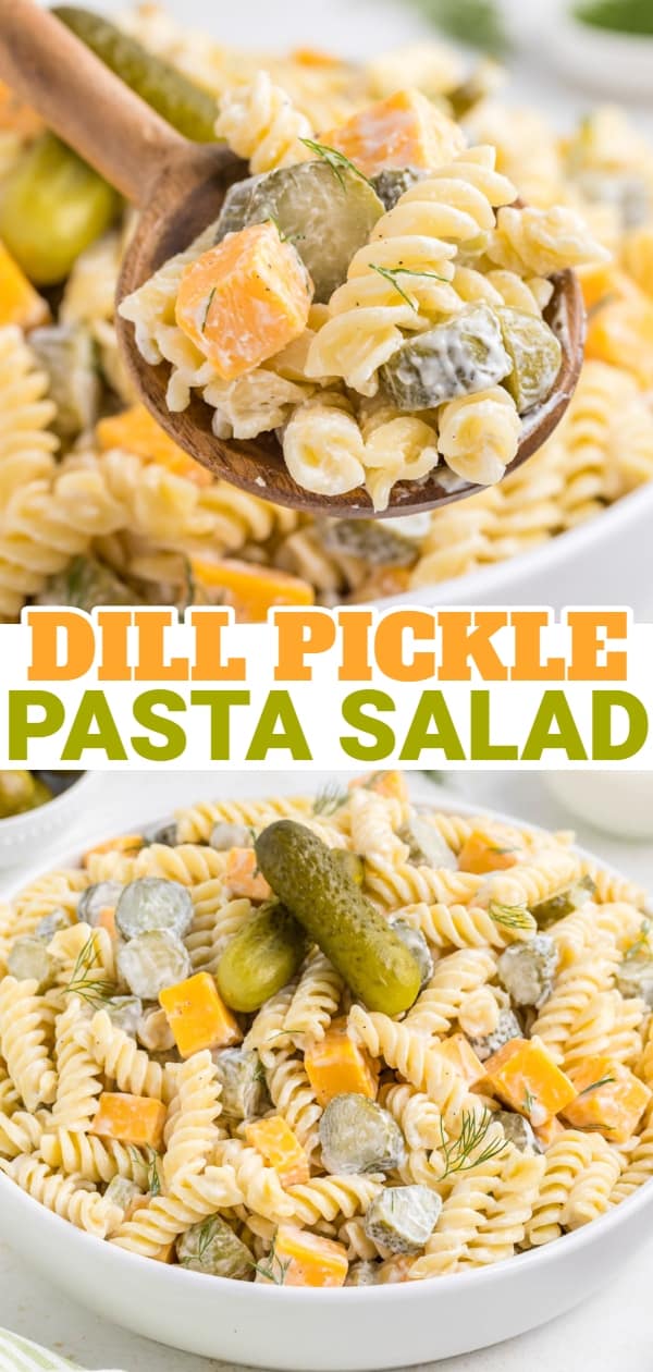 Dill Pickle Pasta Salad is a tasty cold side dish recipe made with rotini noodles and loaded with cheddar cheese, dill pickles and fresh dill all tossed in a mayo, sour cream and pickle juice dressing.