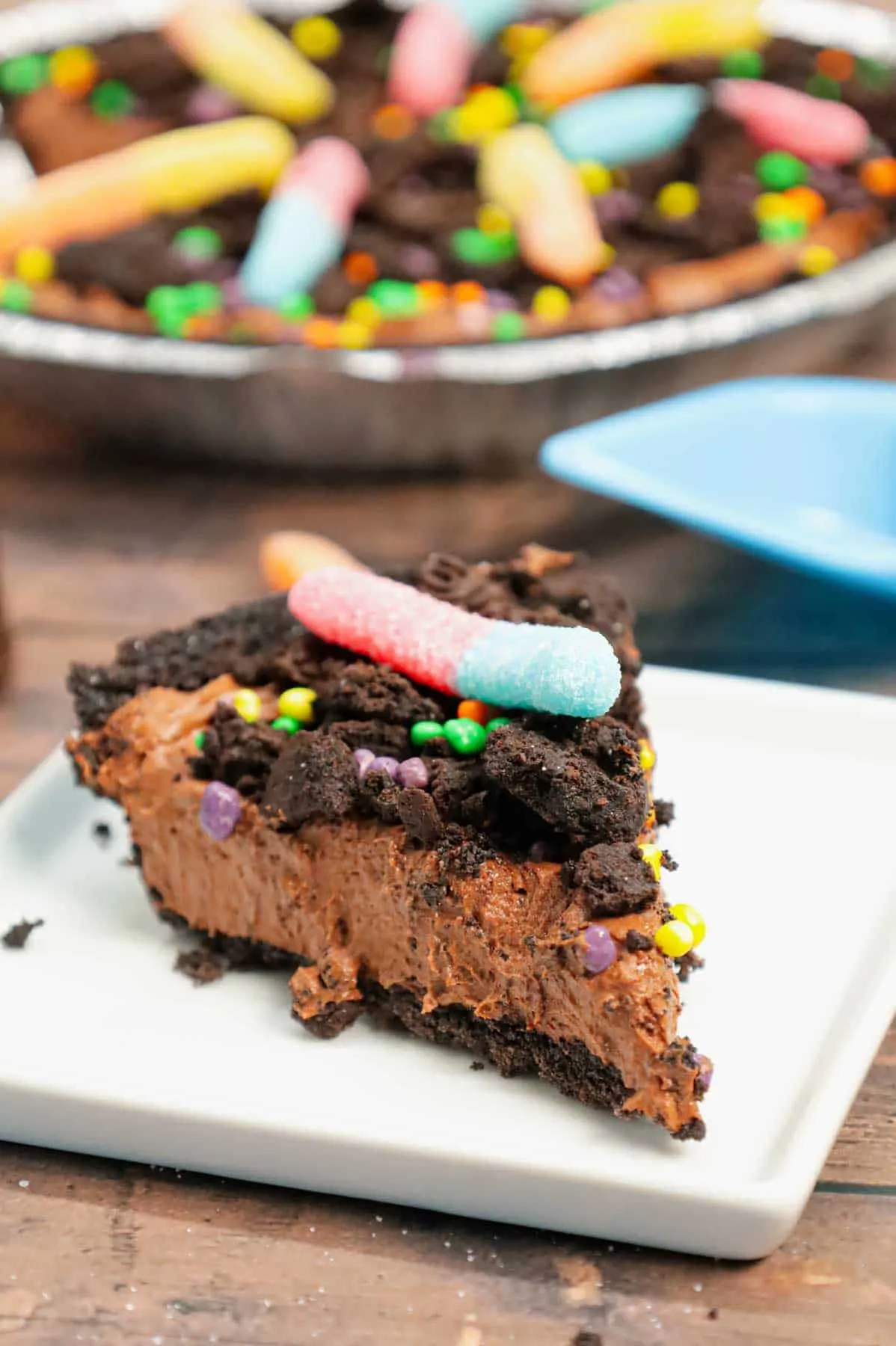 Dirt Pie is a fun and easy no bake pie recipe made with an Oreo pie crust with a chocolate filling and topped with crumbled dark chocolate Oreo cookies and gummy worms.