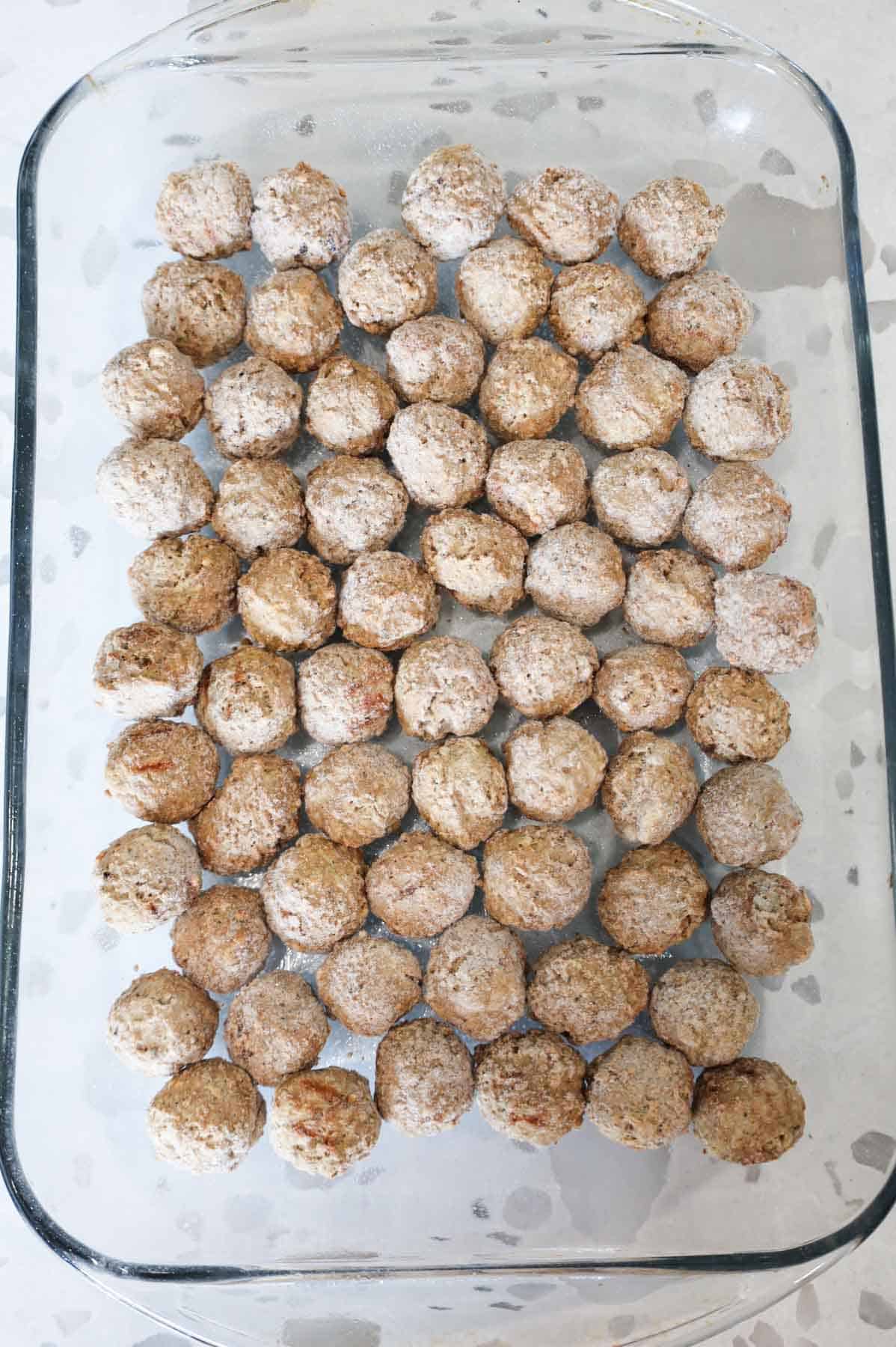 frozen meatballs in a baking dish