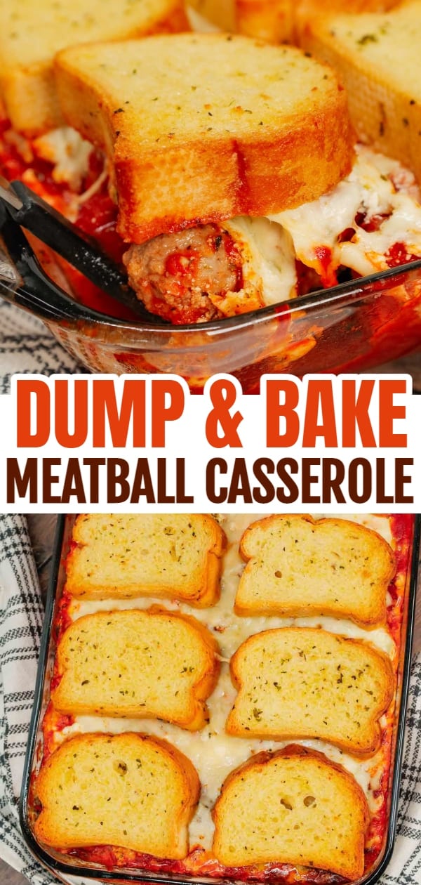 Dump and Bake Meatball Casserole is a hearty casserole made with frozen Italian meatballs, marinara sauce, diced tomatoes, ricotta and mozzarella and topped with frozen Texas toast garlic bread.