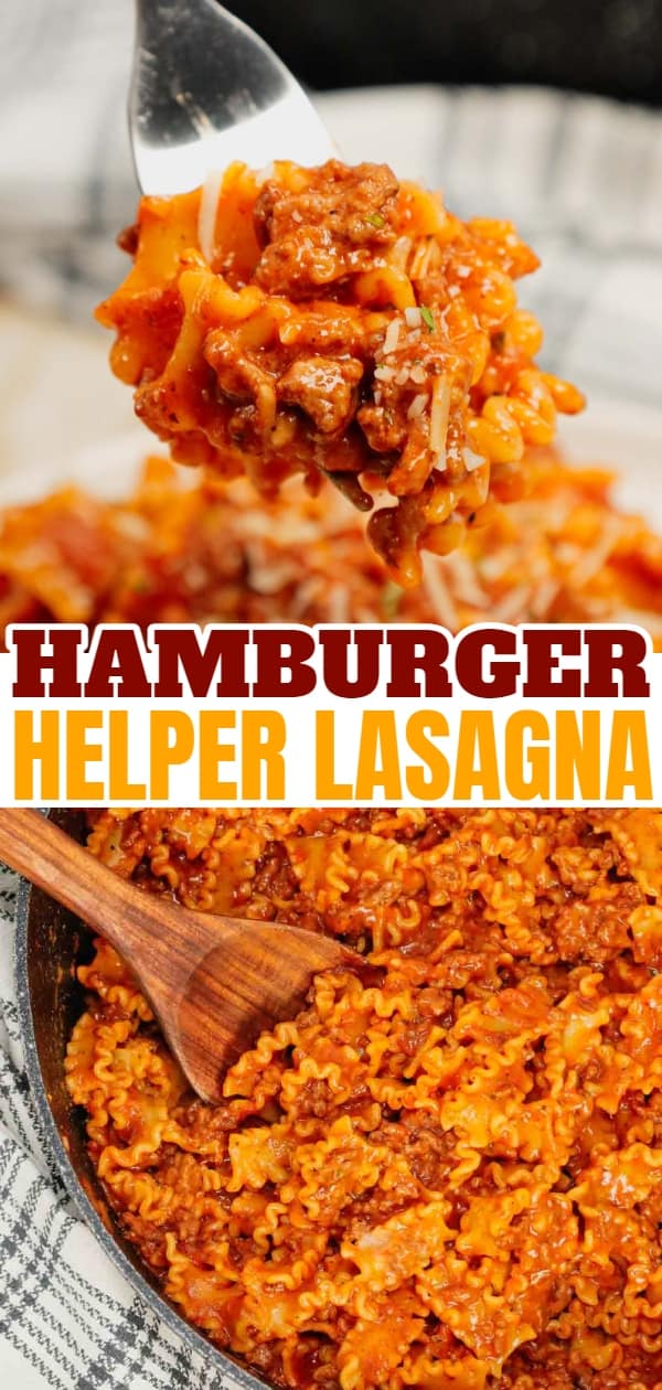 Hamburger Helper Lasagna is an easy ground beef dinner recipe using pasta that looks like mini lasagna noodles, tomato sauce, Italian seasoning, beef broth, shredded mozzarella and parmesan cheese.