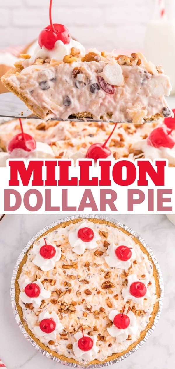 Million Dollar Pie is a creamy no bake pie loaded with crushed pineapple, chopped pecans, toasted coconut, maraschino cherries, mini marshmallows and chocolate chips all in a graham cracker crust.