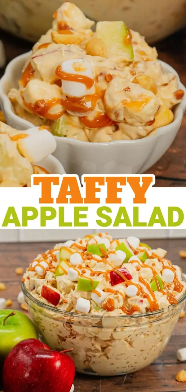 Taffy Apple Salad is a delicious no bake dessert recipe loaded with diced apples, peanuts, Skor bits and mini marshmallows all tossed in a Cool Whip and vanilla pudding mixture.