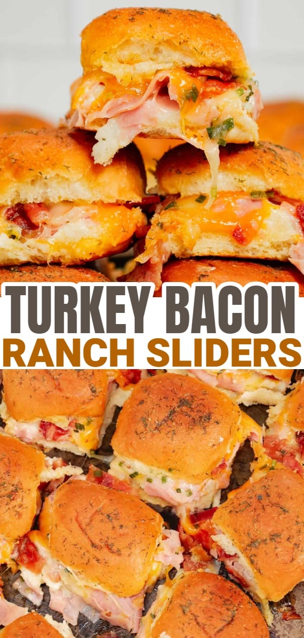 Turkey Bacon Ranch Sliders are small baked sandwiches loaded with chopped deli turkey, ranch dressing, crispy bacon and cheddar cheese.