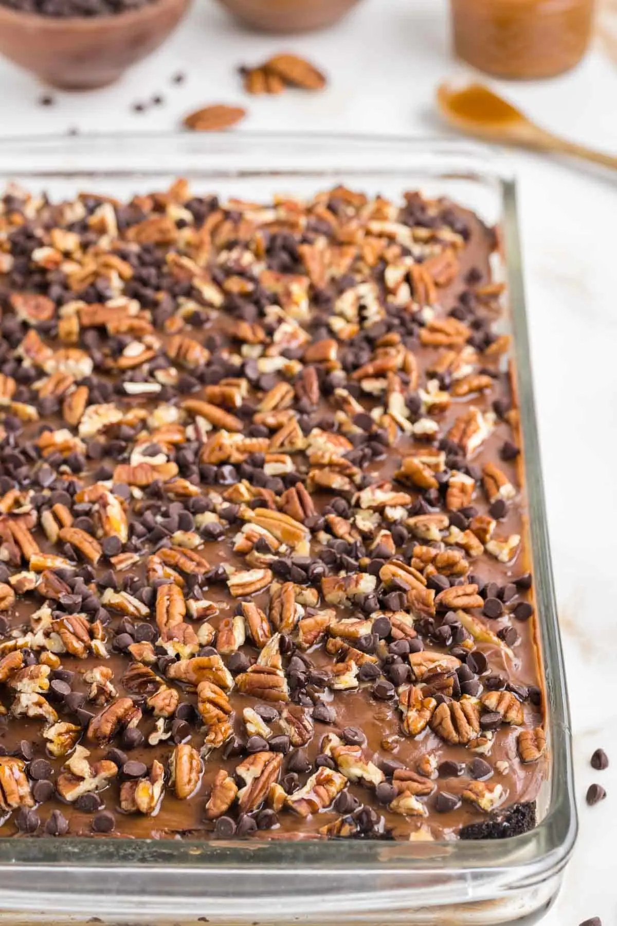 Turtle Poke Cake is a decadent chocolate cake filled with a caramel and condensed milk mixture and topped with chocolate frosting, chopped pecans and mini chocolate chips.