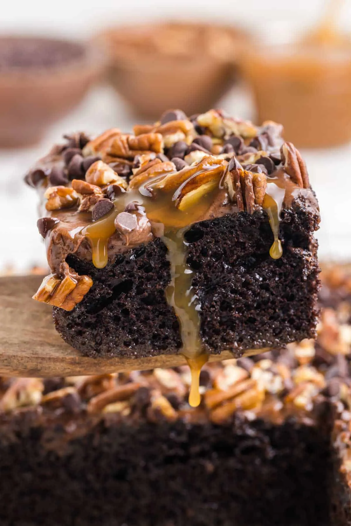 Turtle Poke Cake is a decadent chocolate cake filled with a caramel and condensed milk mixture and topped with chocolate frosting, chopped pecans and mini chocolate chips.