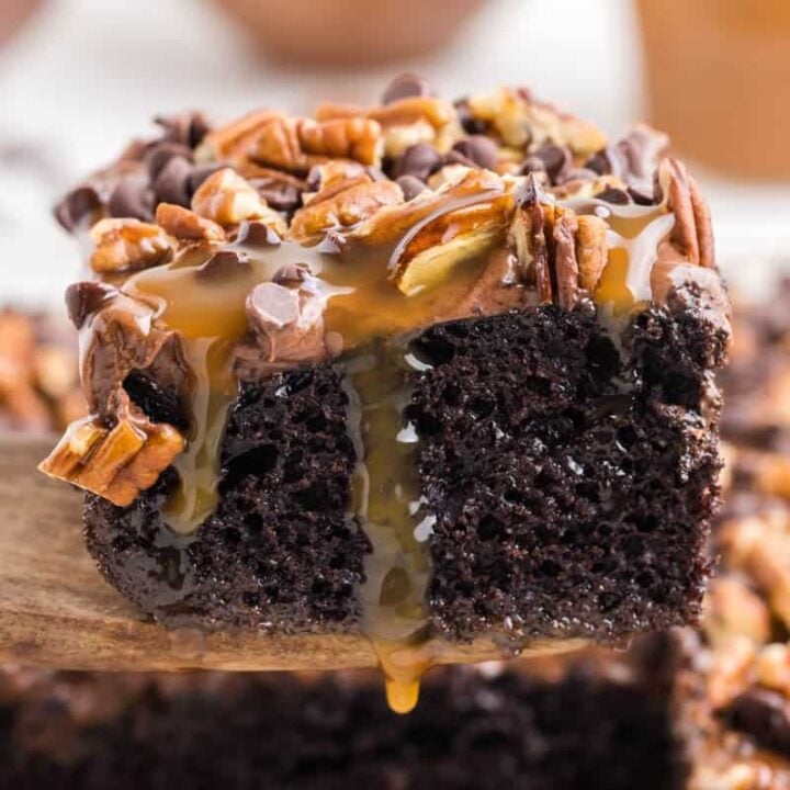 Turtle Poke Cake is a decadent chocolate cake filled with a caramel and condensed milk mixture and topped with chocolate frosting, chopped pecans and mini chocolate chips.