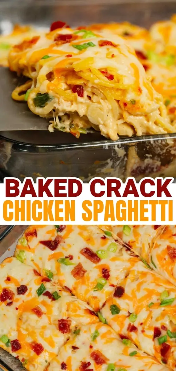 Crack Chicken Spaghetti is a delicious baked pasta recipe with a creamy sauce and loaded with shredded chicken, crumbled bacon, chopped green onions, ranch dressing mix and shredded cheddar and mozzarella cheese.