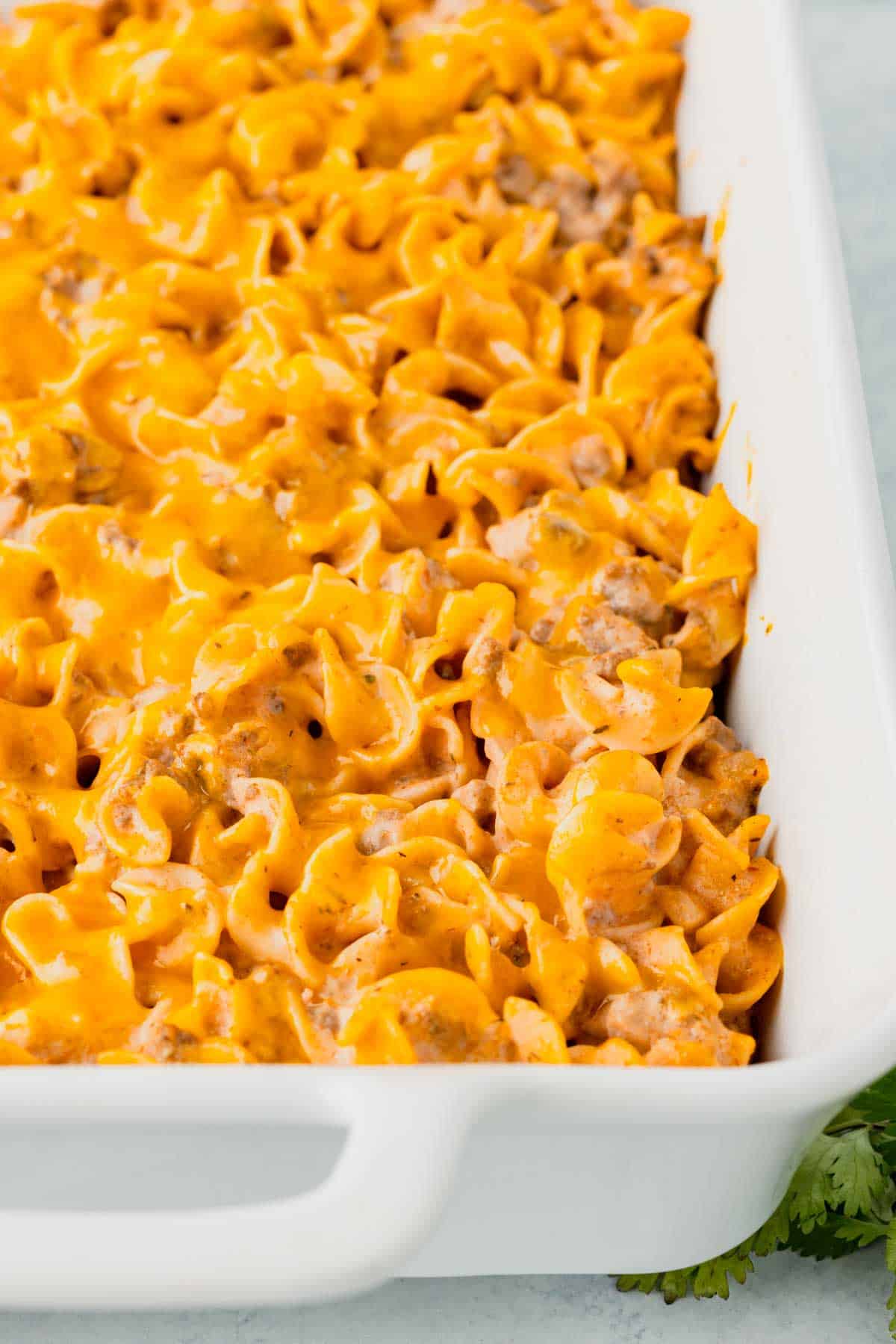 Beef Noodle Casserole is a hearty dish loaded with ground beef, egg noodles, cheddar cheese, sour cream and cream of mushroom soup.