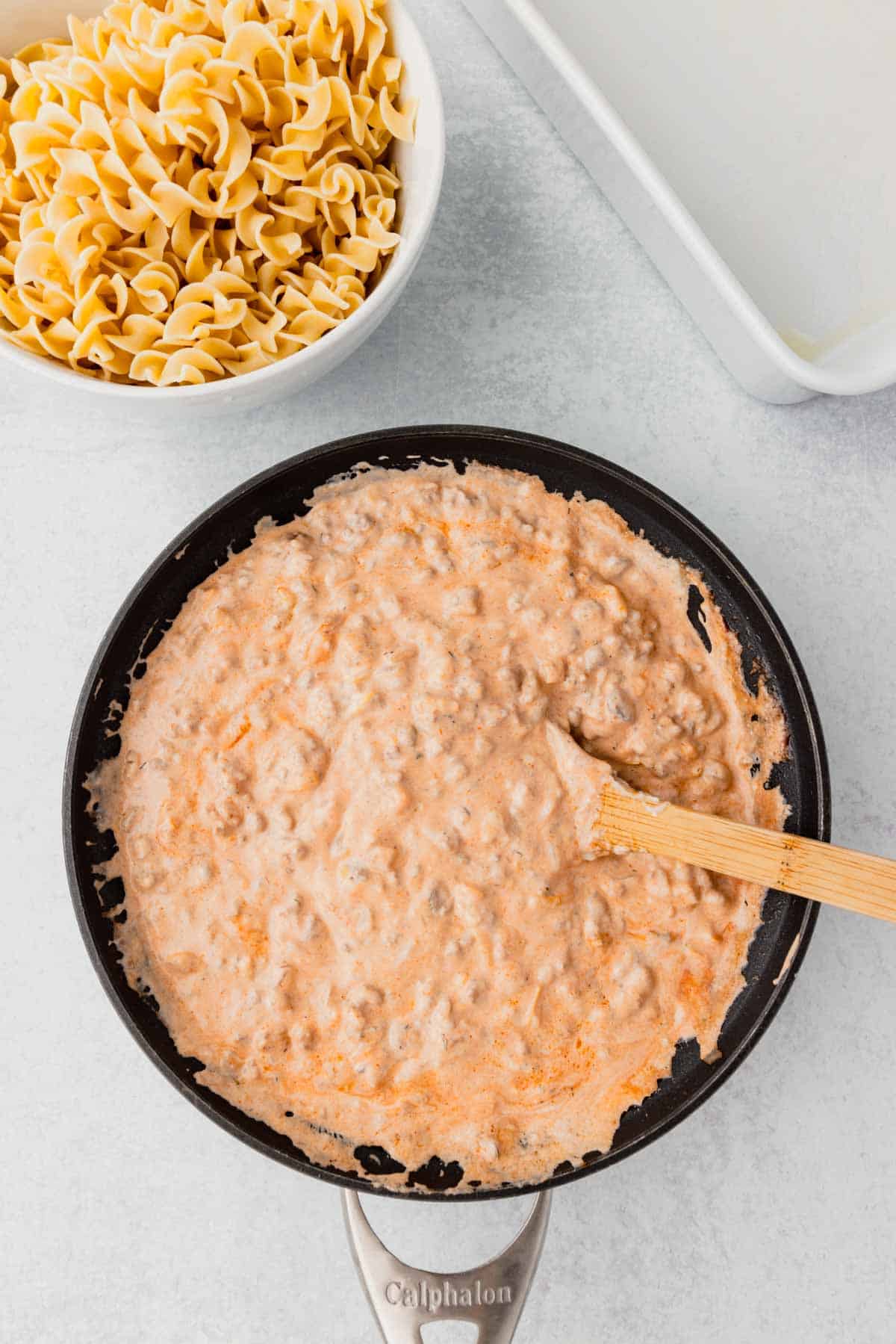 ground beef and sauce mixture in a skillet