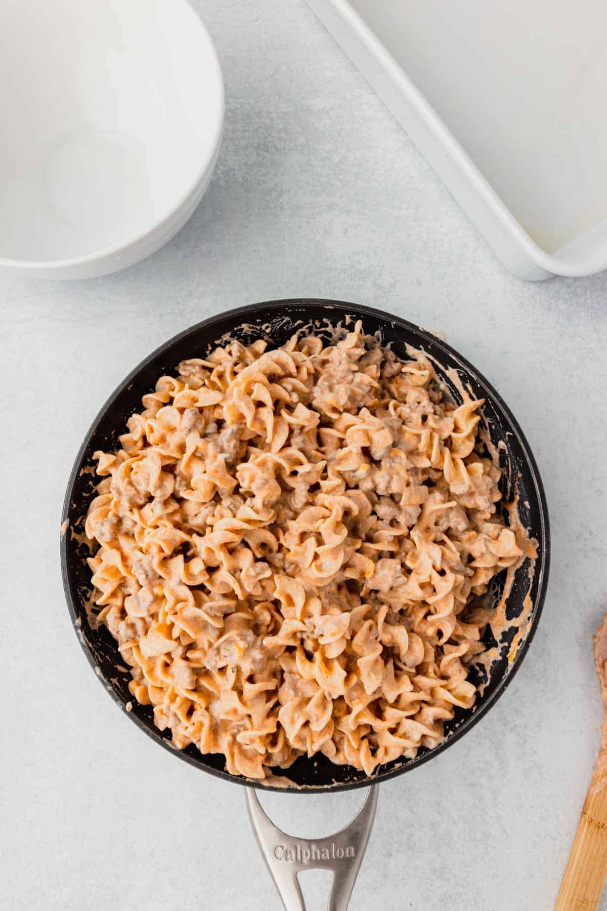 ground beef and egg noodle mixture in a skillet