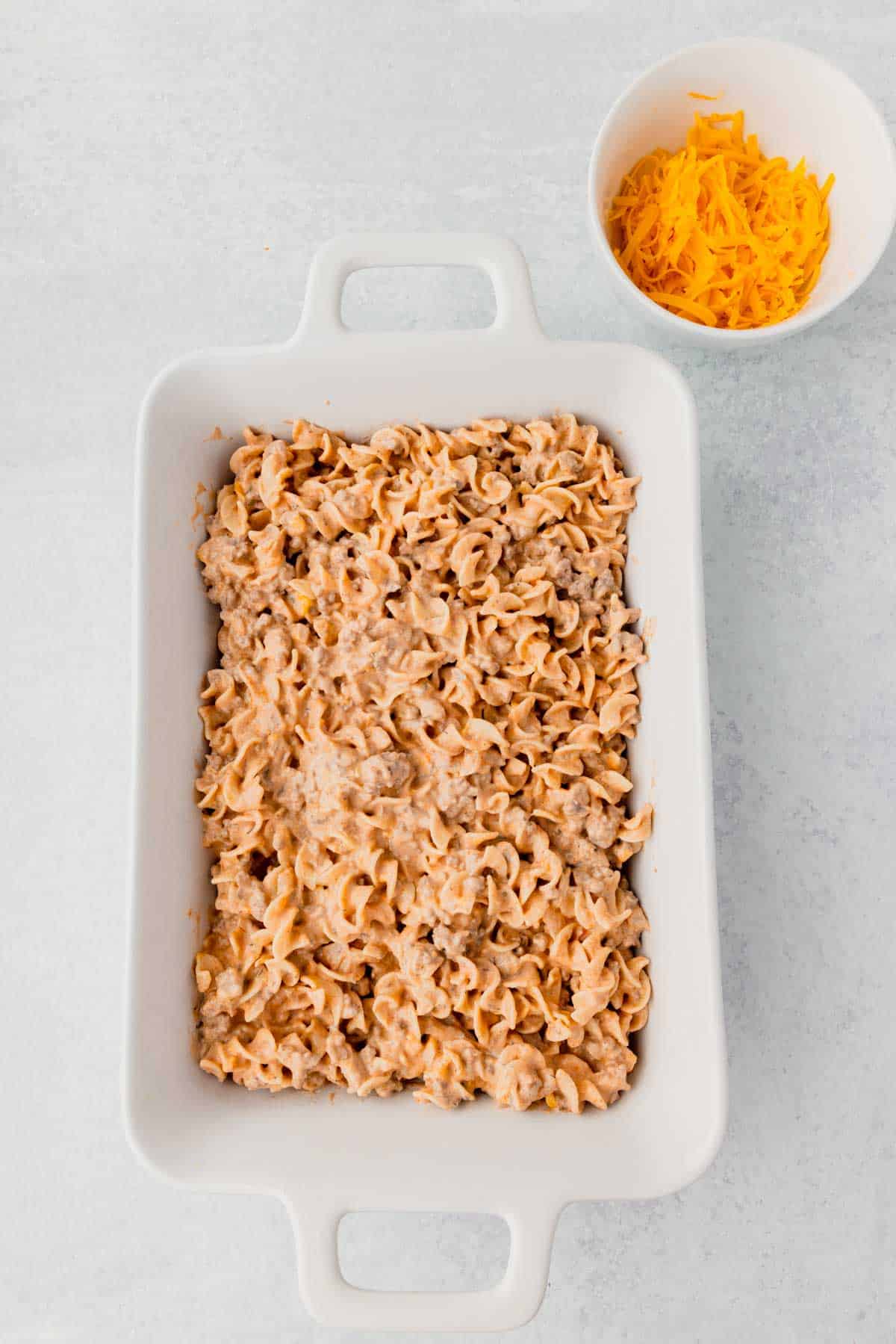 beef noodle mixture in a casserole dish