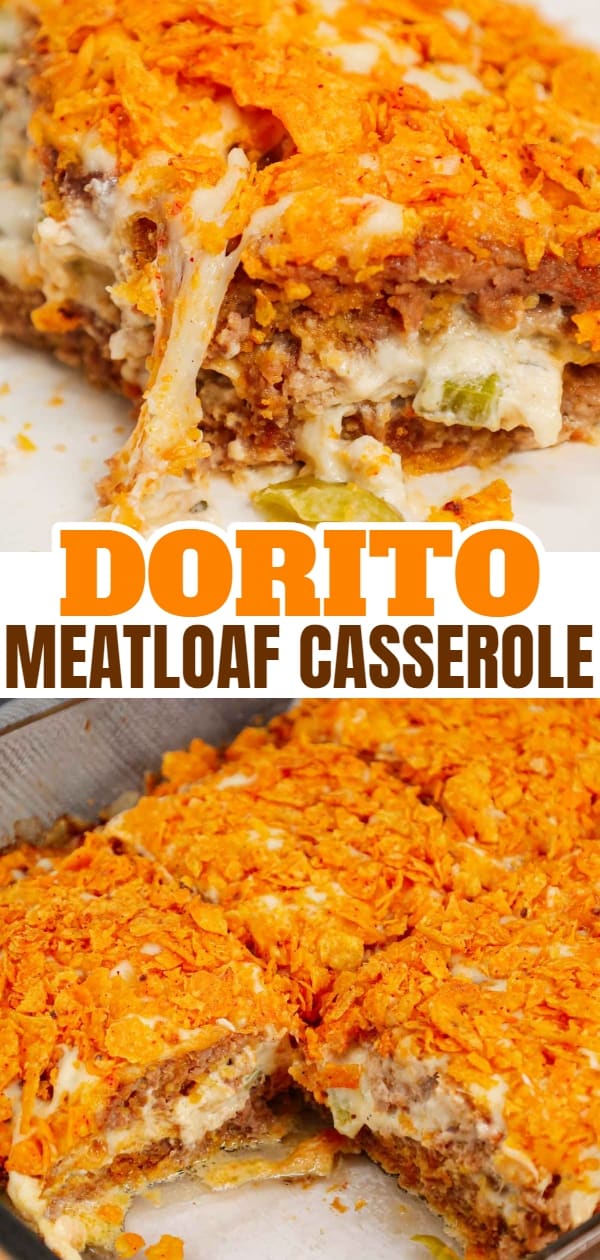 Dorito Meatloaf Casserole is a hearty dish with layers of ground beef and sausage meatloaf loaded with crushed Doritos, a cream cheese and ranch dressing filling and topped with cheese and more crushed Doritos.