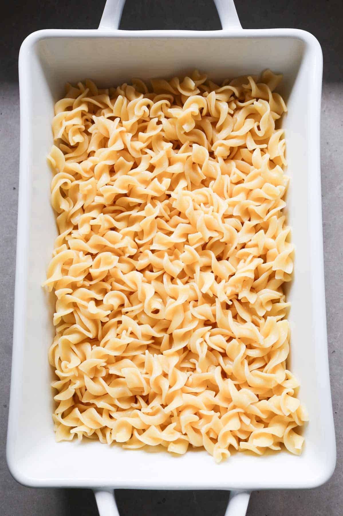 cooked egg noodles in a baking dish