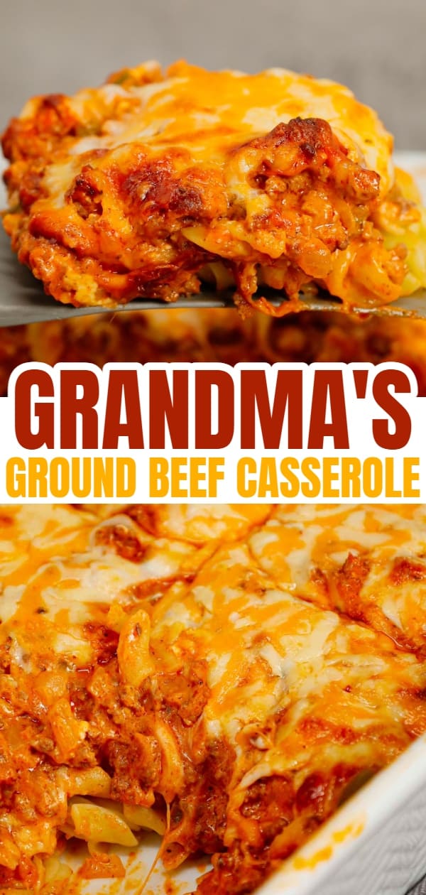 Grandma's Ground Beef Casserole is a simple and classic hamburger dish made with egg noodles, condensed tomato soup, onions, green bell peppers and cream cheese all baked with shredded mozzarella and cheddar on top.