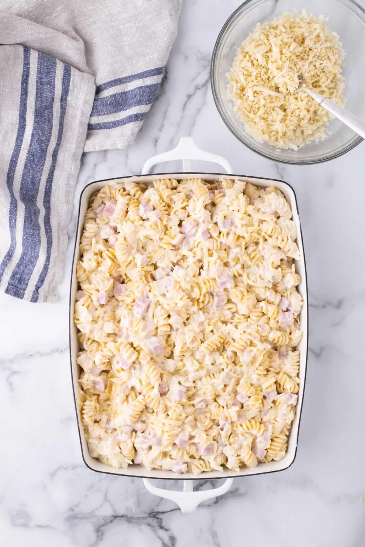 ham and noodle mixture in a baking dish