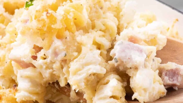 Ham and Noodle Casserole is a hearty casserole loaded with rotini pasta and diced ham all coated in a cheesy bubbling sauce under a parmesan coated panko crust.