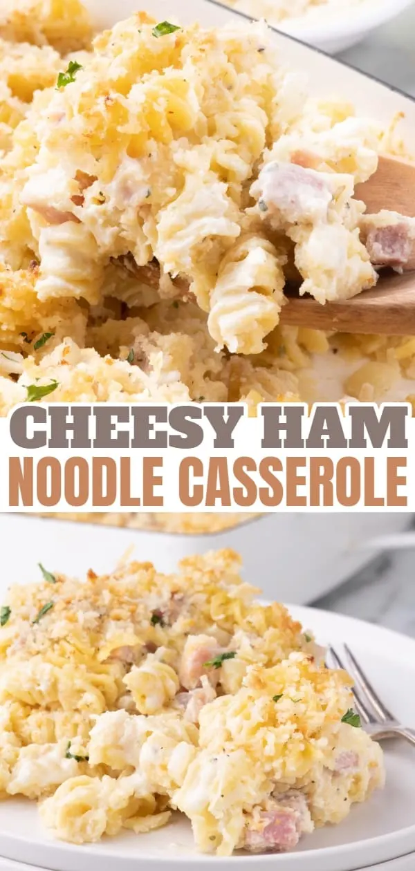Ham and Noodle Casserole is a hearty casserole loaded with rotini pasta and diced ham all coated in a cheesy bubbling sauce under a parmesan coated panko crust.