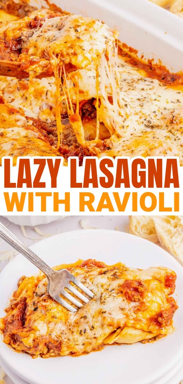 Lazy Lasagna with Ravioli is a hearty and delicious baked pasta recipe made with frozen cheese ravioli, ground beef, marinara and loaded with mozzarella cheese.