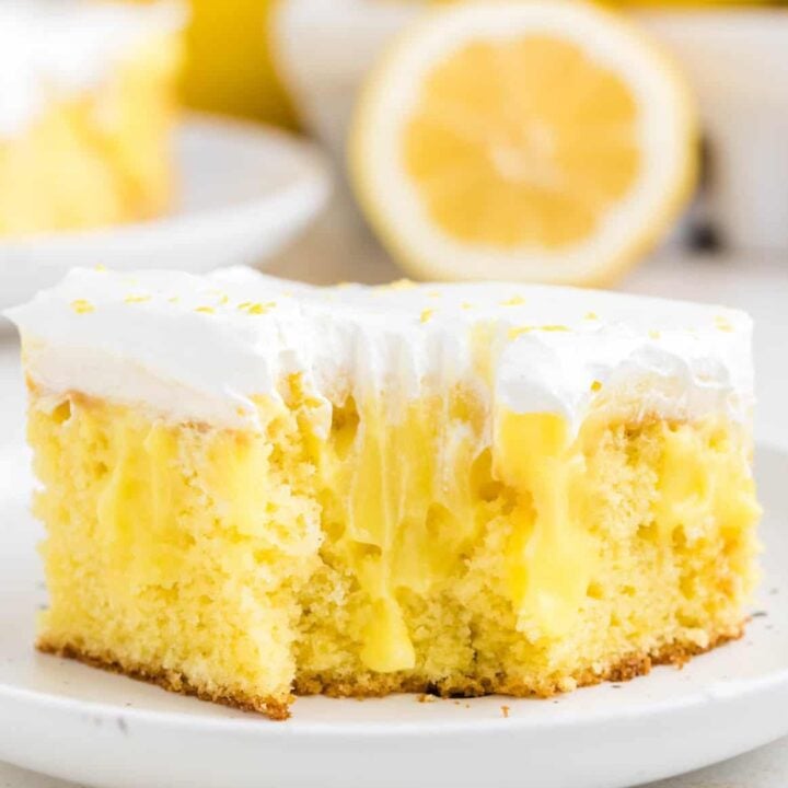 Lemon Poke Cake is a sweety and tangy dessert recipe made with boxed lemon cake mix, lemon instant pudding mix and Cool Whip.