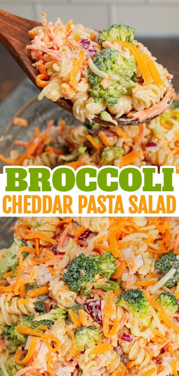 Broccoli Cheddar Pasta Salad is a tasty cold side dish recipe loaded with rotini pasta, broccoli florets, red onions, shredded carrots, cheddar cheese and parmesan all tossed in a mayo and ranch dressing mixture.