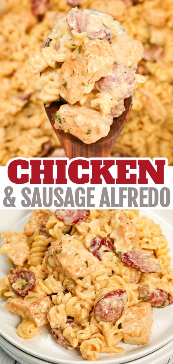 Chicken and Sausage Alfredo is a hearty pasta dish loaded with chunks of chicken breast and smoked sausage slices all tossed in a creamy garlic parmesan sauce with a hint of Cajun seasoning.