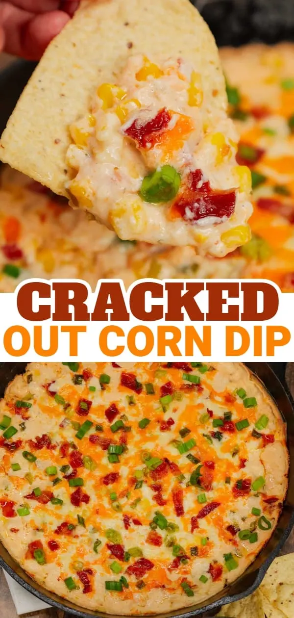 Cracked Out Corn Dip is a delicious hot dip recipe loaded with cream cheese, corn, sour cream, ranch dressing mix, bacon, green onions, cheddar cheese and mozzarella cheese.