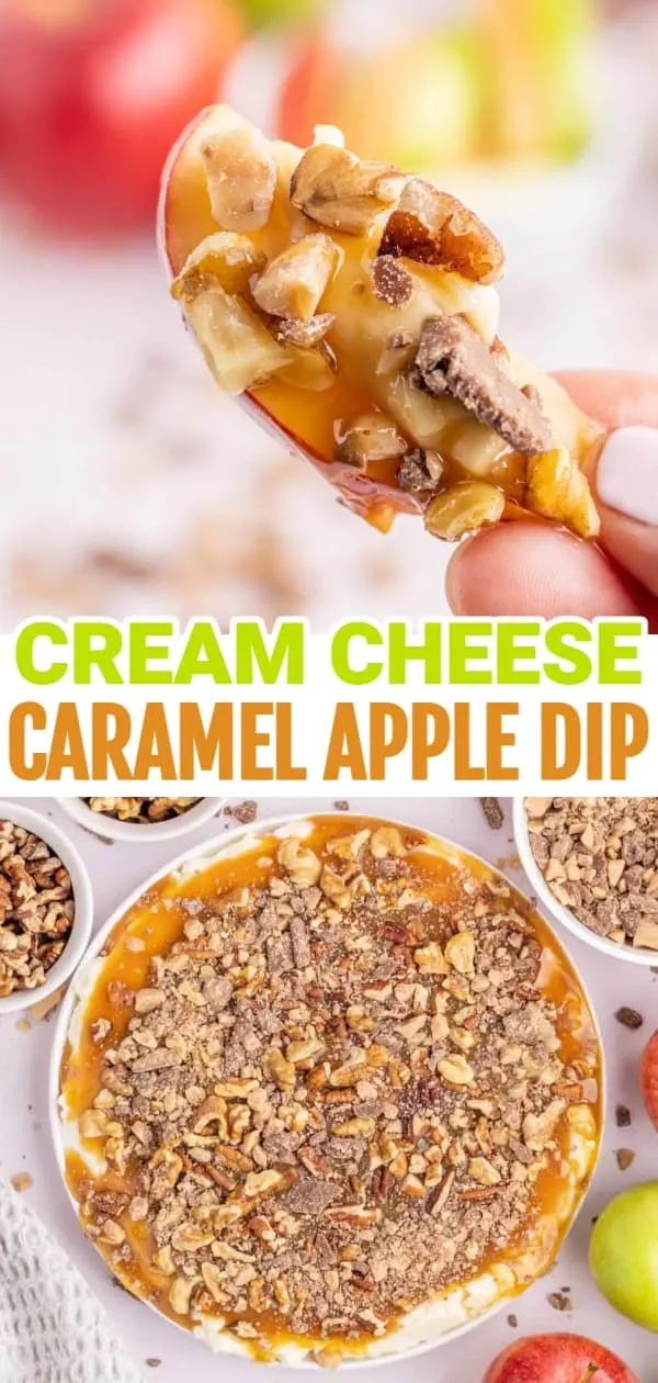 Cream Cheese Caramel Apple Dip is a fun and easy dessert recipe using cream cheese, powdered sugar, caramel sauce, chopped nuts and toffee pieces.