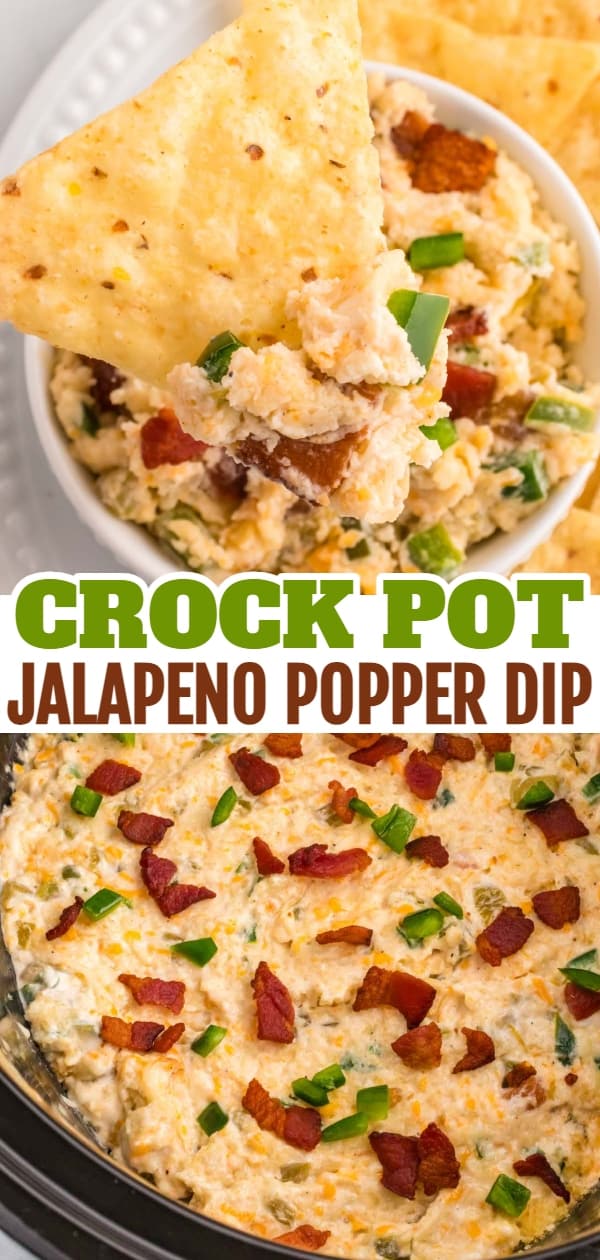 Crock Pot Jalapeno Popper Dip is a delicious hot dip recipe loaded with cream cheese, cheddar, Monterey Jack, mayo, sour cream, jalapenos, green chilies, parmesan, panko bread crumbs and bacon.