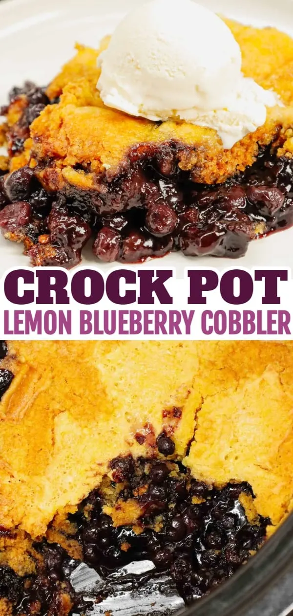 Crock Pot Lemon Blueberry Cobbler is an easy slow cooker dessert recipe using frozen blueberries, lemon pudding mix, sugar, boxed lemon cake mix and butter.