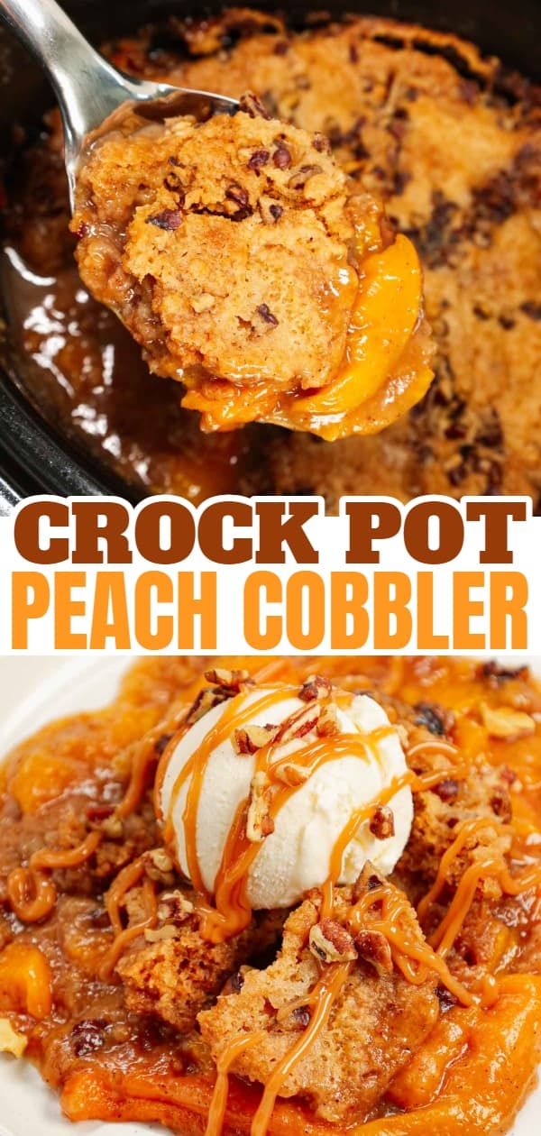 Crock Pot Peach Cobbler with Cake Mix is an easy slow cooker dessert recipe using canned peach slices, boxed butter pecan cake mix, brown sugar, cinnamon, butter and chopped pecans.