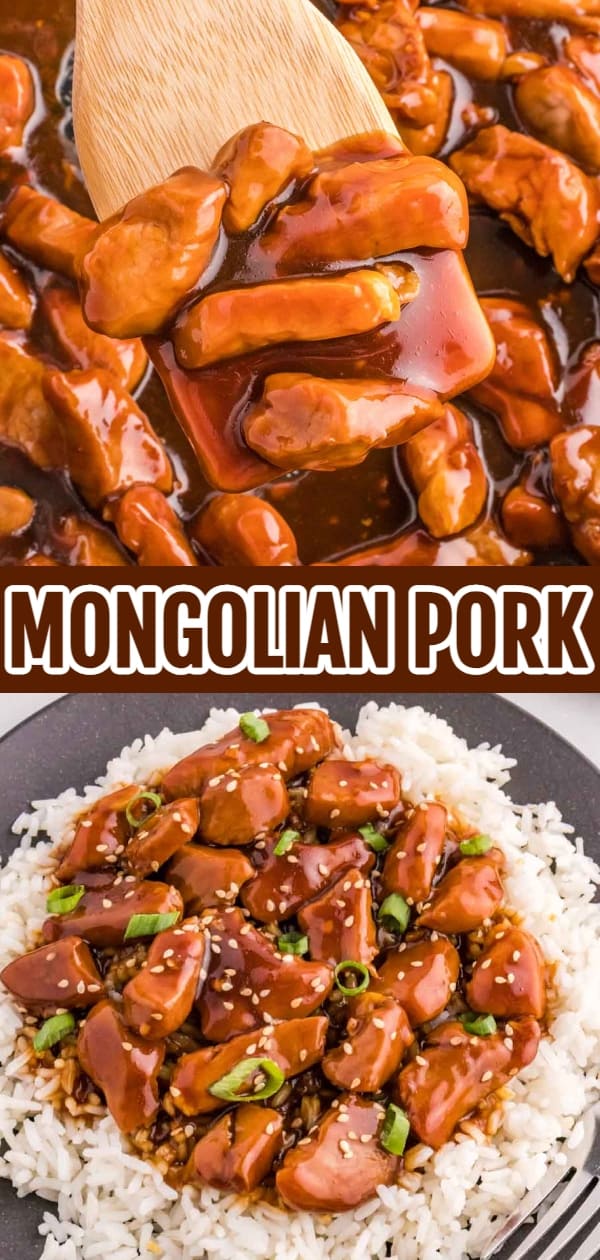Mongolian Pork is a flavourful pork dish made with bite sized pieces of pork tenderloin cooked in a sweet and savoury sauce made with soy sauce, brown sugar, hoisin sauce, garlic and ginger.