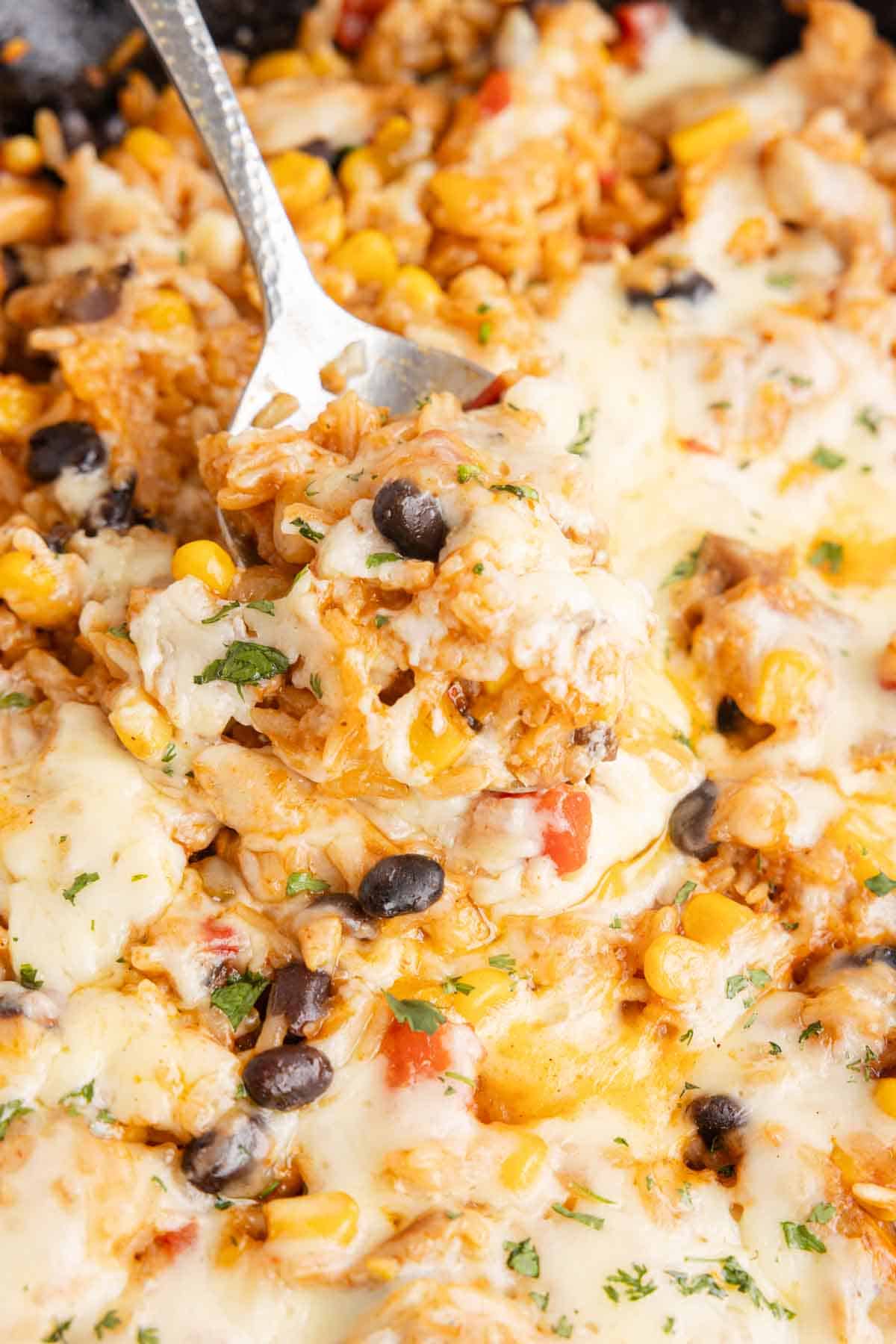 One Pan Cheesy Taco Chicken and Rice is an easy stove top dinner recipe loaded with chicken thigh chunks, Rotel, corn, black beans, taco seasoning, rice and shredded cheese.