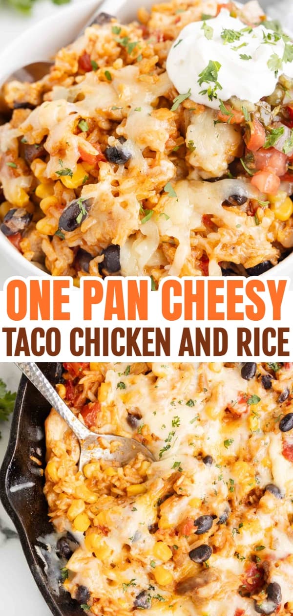 One Pan Cheesy Taco Chicken and Rice is an easy stove top dinner recipe loaded with chicken thigh chunks, Rotel, corn, black beans, taco seasoning, rice and shredded cheese.