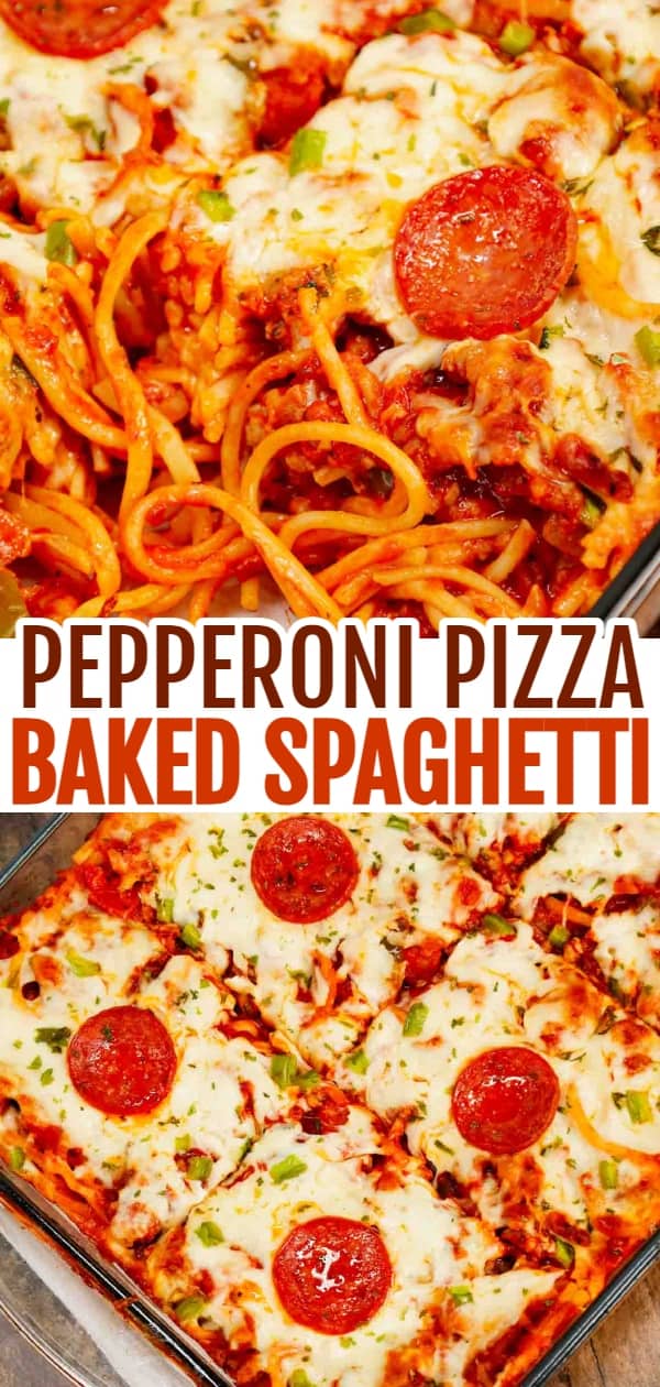 Pizza Baked Spaghetti is a hearty spaghetti recipe loaded with Italian sausage, pepperoni, green bell peppers, pizza sauce, marinara and mozzarella cheese.