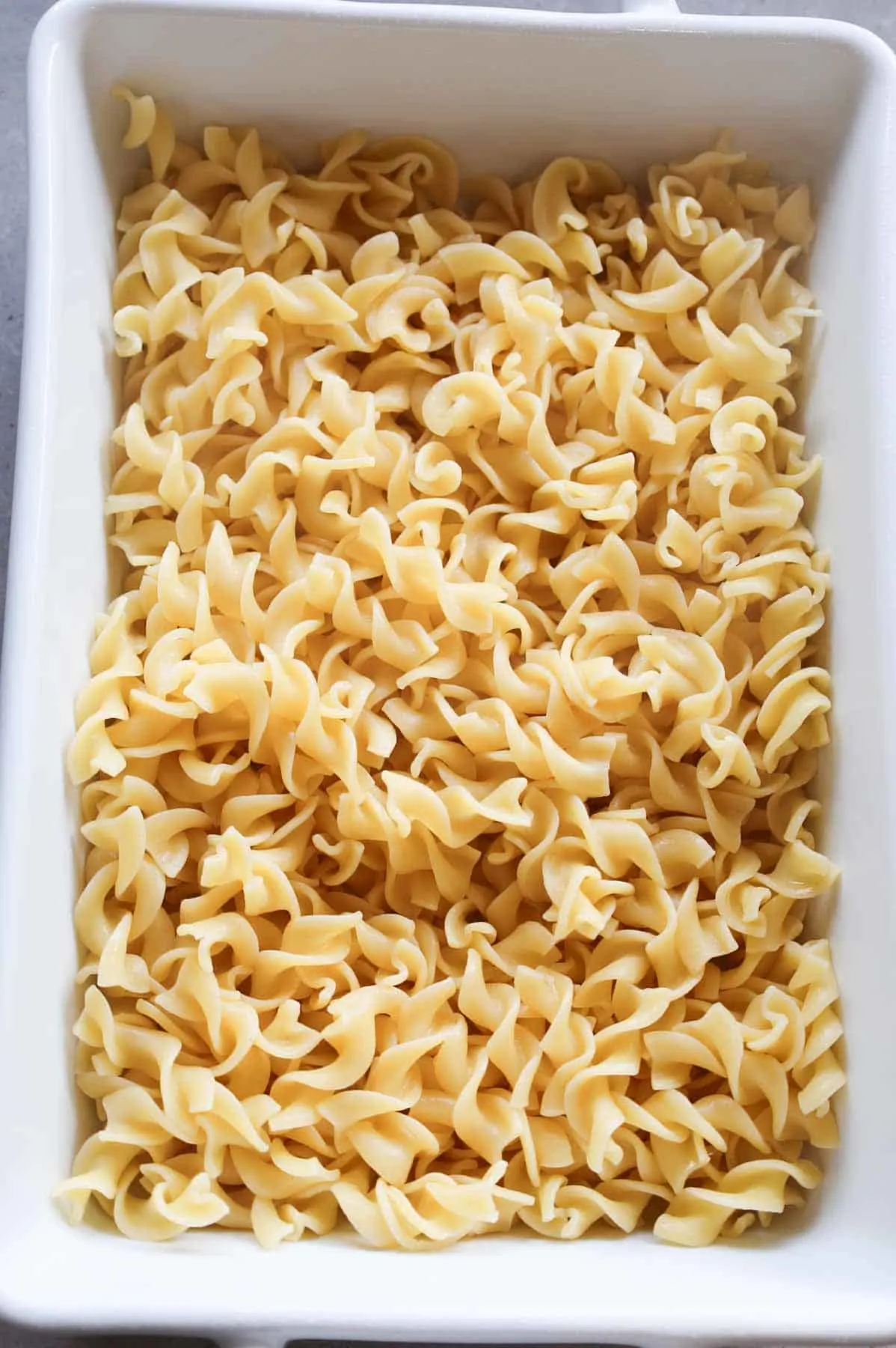 cooked egg noodles in a baking dish