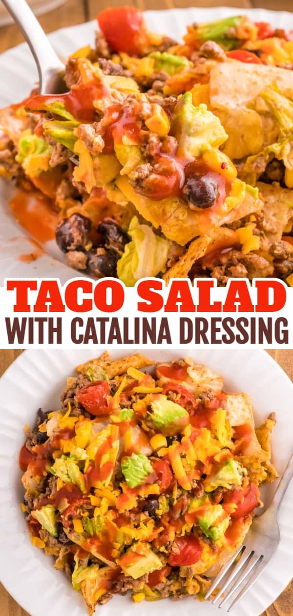 Taco Salad with Catalina Dressing is a hearty salad recipe loaded with taco seasoned ground beef, romaine lettuce, cherry tomatoes, cheddar cheese, crushed tortilla chips, corn, black bean and diced avocados all tossed in a sour cream and Catalina based dressing.