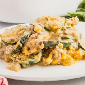 Zucchini Casserole with Ground Beef is a hearty casserole with layers of sliced zucchini, hamburger meat, a cream of mushroom based sauce mixture, shredded cheese and all baked with a Ritz cracker topping.