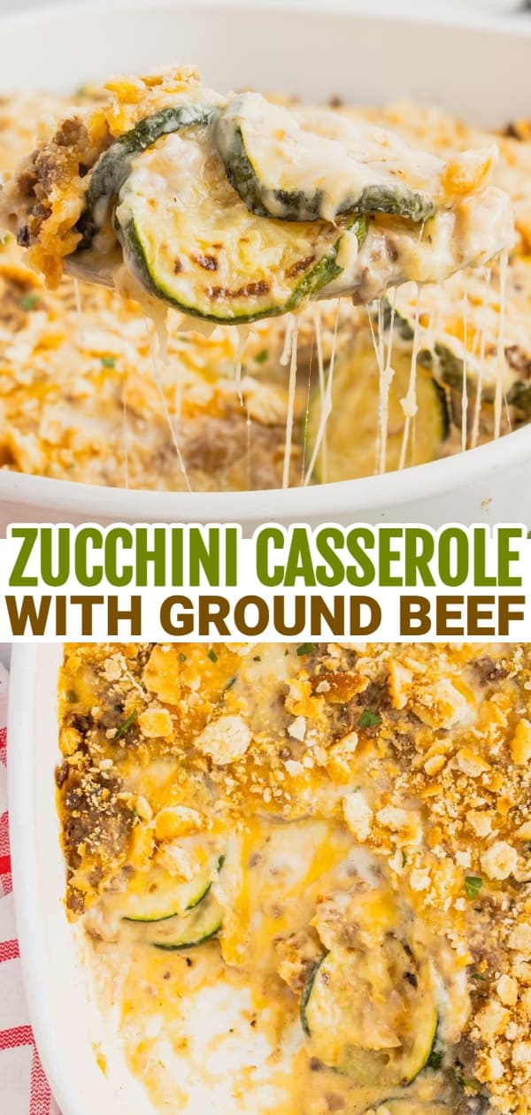 Zucchini Casserole with Ground Beef is a hearty casserole with layers of sliced zucchini, hamburger meat, a cream of mushroom based sauce mixture, shredded cheese and all baked with a Ritz cracker topping.