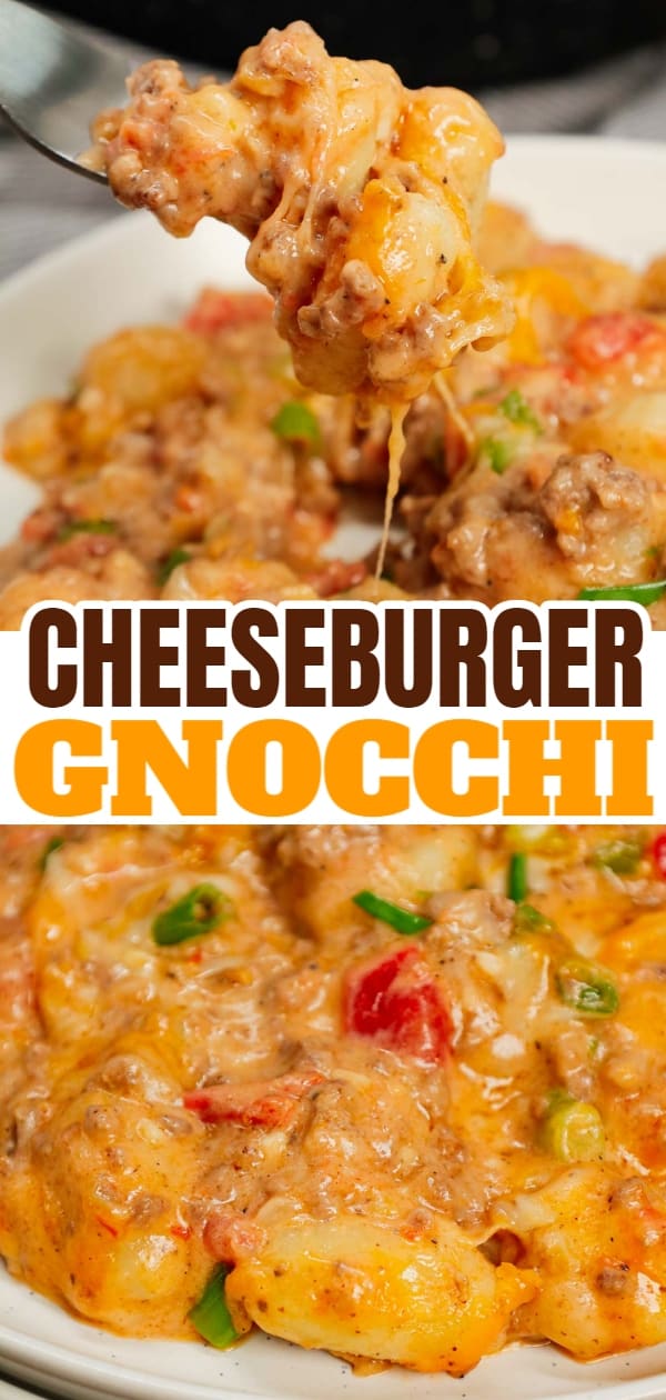 Cheeseburger Gnocchi is a hearty ground beef dinner recipe loaded with potato gnocchi, Rotel, chopped green onions and shredded cheese with a creamy sauce made from cheddar soup and milk.