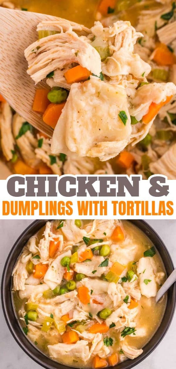 Chicken and Dumplings with Tortillas is a twist on a classic comfort food recipe loaded with shredded chicken breast, carrots, celery, onion, peas and flour tortilla recipes all cooked in a delicious chicken broth.