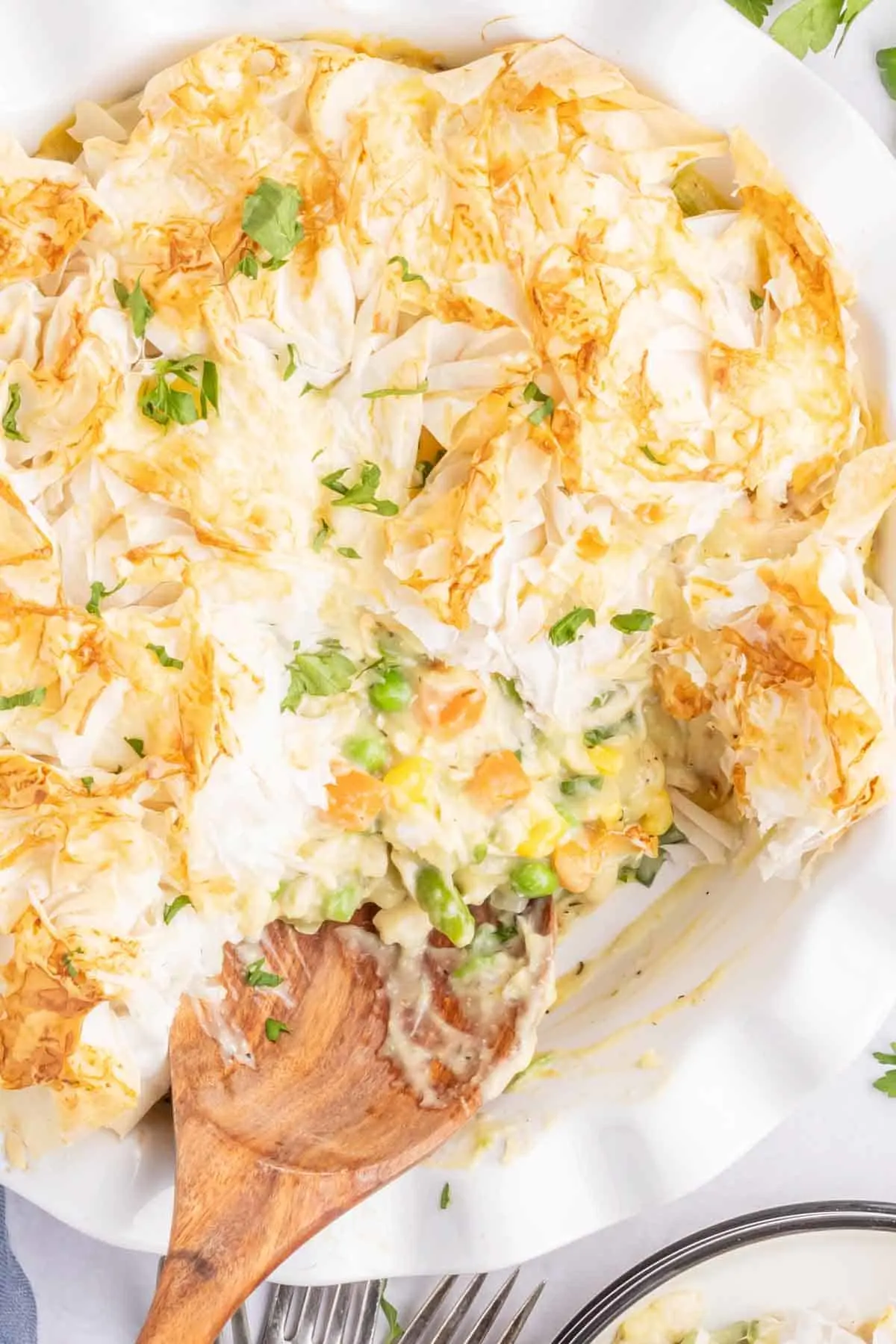 Chicken Pot Pie with Phyllo Dough is a hearty dinner recipe using shredded rotisserie chicken, frozen mixed vegetables, cream of chicken soup and sheets of phyllo dough.